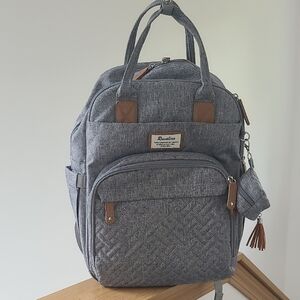 Ruvalino Gray and Brown Quilted Backpack with Leather Accents And Accessory